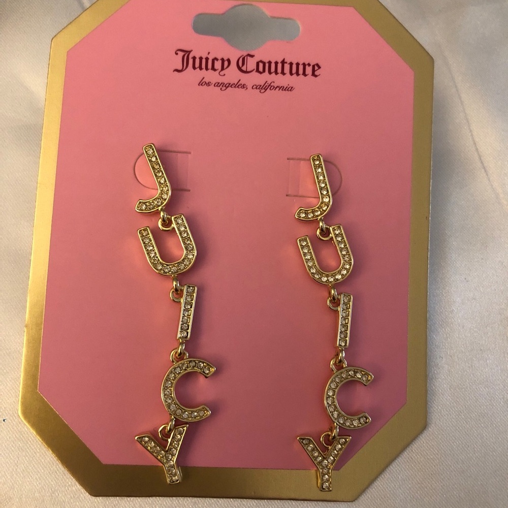 Juicy Couture Gold Tone Linear Drop Earrings JUICY Spelled Out Crystal NWT